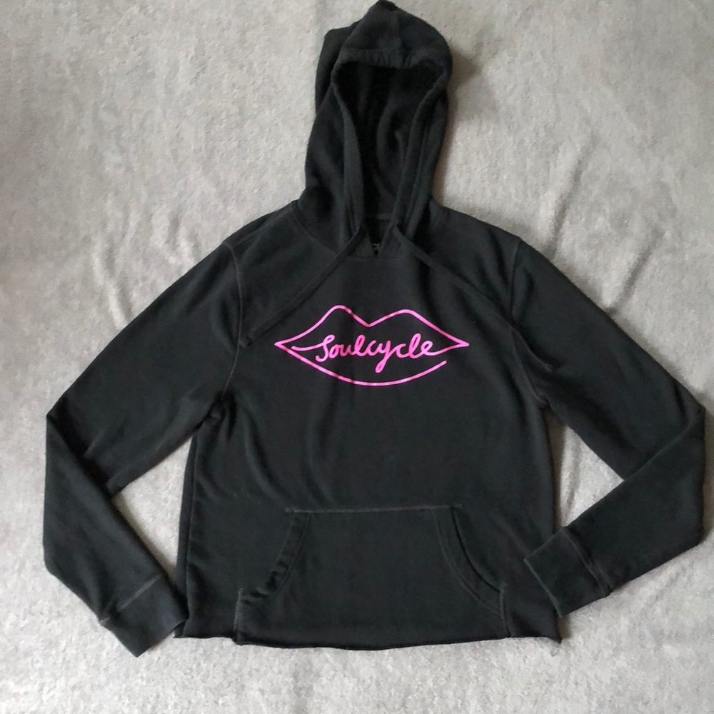 SoulCycle Black Cropped Hoodie Pink Lips Small